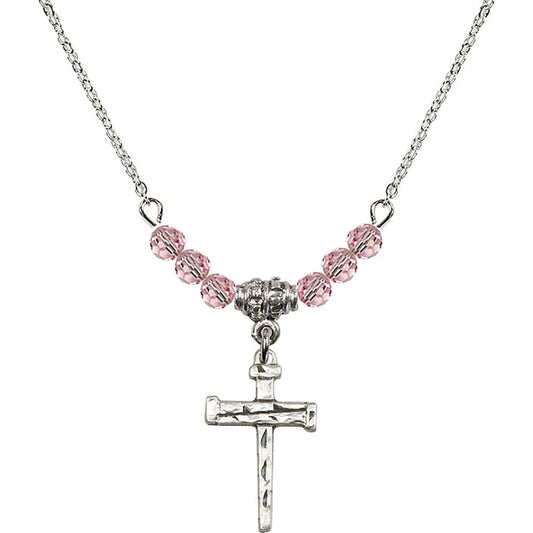 Sterling Silver Nail Cross Birthstone Necklace with Light Rose Beads - 0012