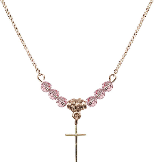 14kt Gold Filled Cross Birthstone Necklace with Light Rose Beads - 0014