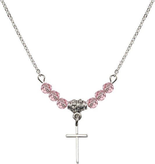 Sterling Silver Cross Birthstone Necklace with Light Rose Beads - 0014