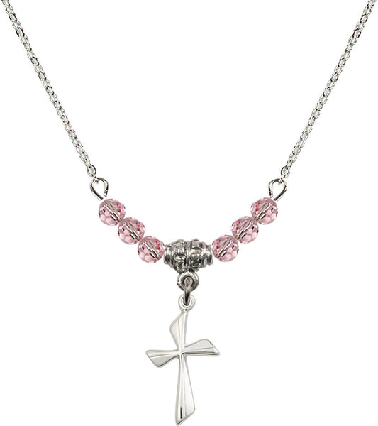 Sterling Silver Cross Birthstone Necklace with Light Rose Beads - 0016