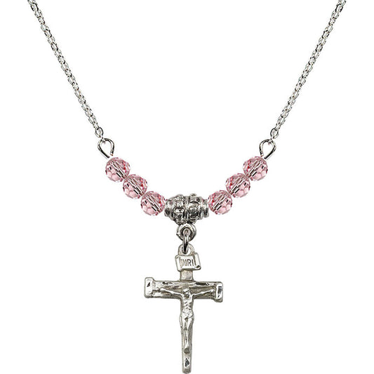 Sterling Silver Nail Crucifix Birthstone Necklace with Light Rose Beads - 0072