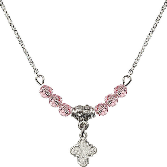 Sterling Silver 4-Way Birthstone Necklace with Light Rose Beads - 0207