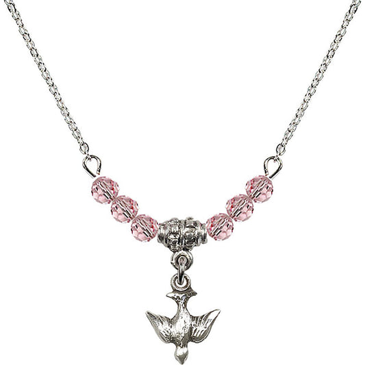 Sterling Silver Holy Spirit Birthstone Necklace with Light Rose Beads - 0208