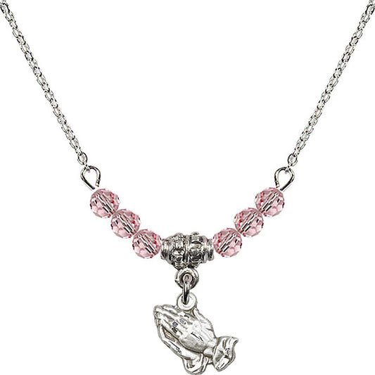 Sterling Silver Praying Hands Birthstone Necklace with Light Rose Beads - 0220