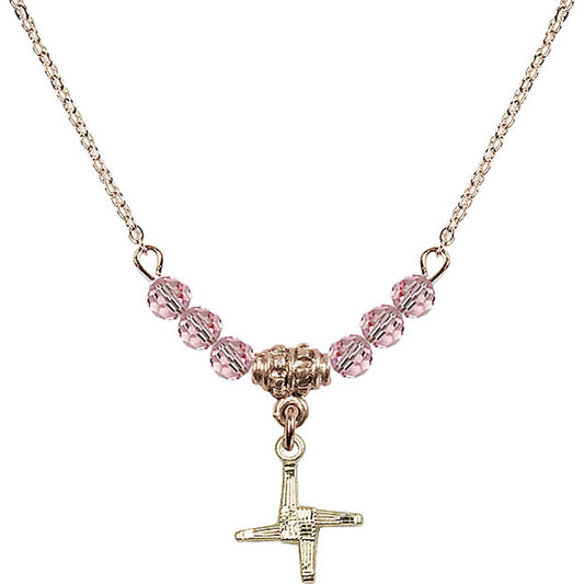 14kt Gold Filled Saint Brigid Cross Birthstone Necklace with Light Rose Beads - 0291