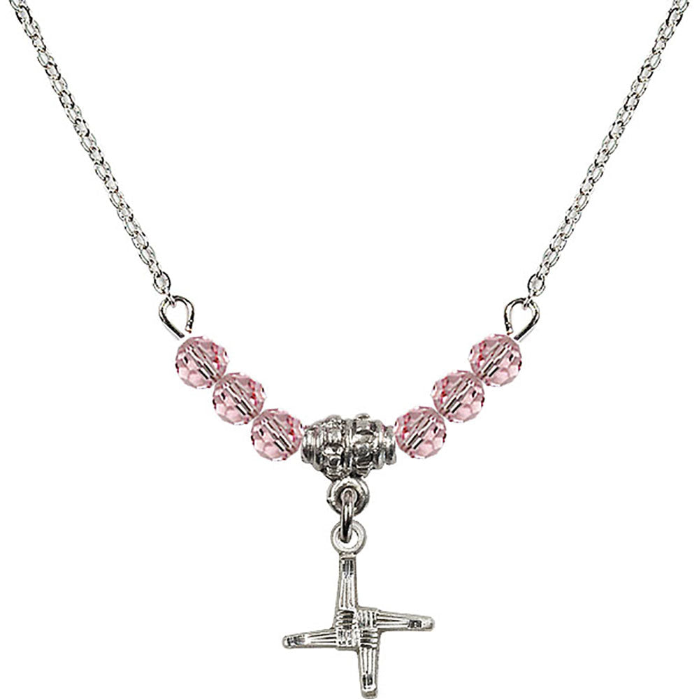 Sterling Silver Saint Brigid Cross Birthstone Necklace with Light Rose Beads - 0291