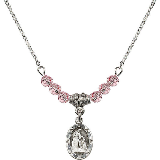 Sterling Silver Saint Ann Birthstone Necklace with Light Rose Beads - 0301