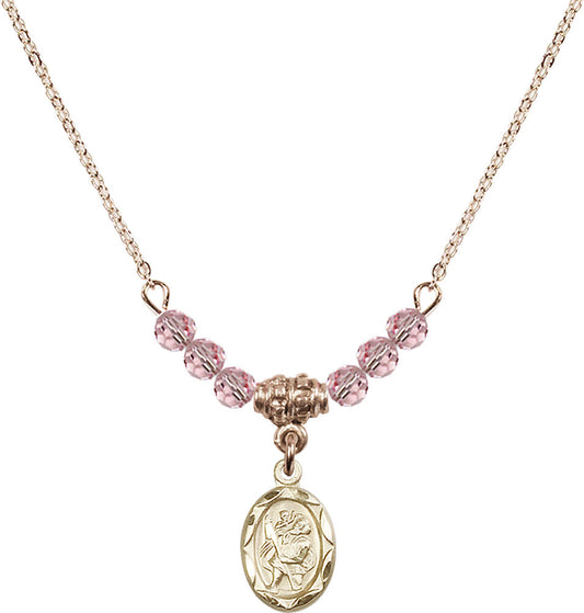 14kt Gold Filled Saint Christopher Birthstone Necklace with Light Rose Beads - 0301
