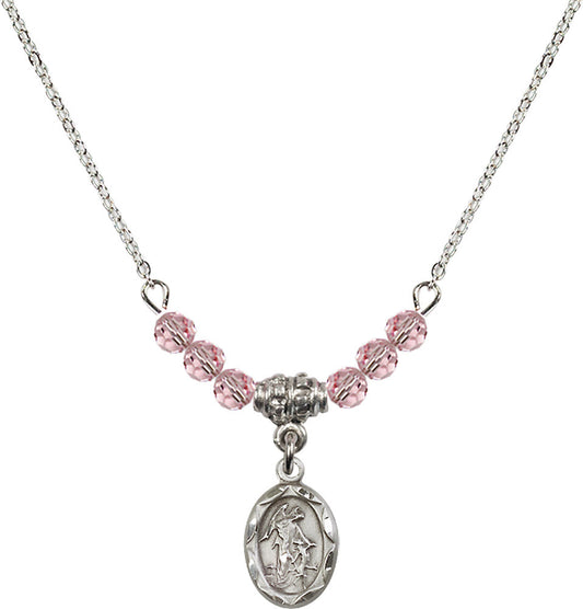 Sterling Silver Guardian Angel Birthstone Necklace with Light Rose Beads - 0301
