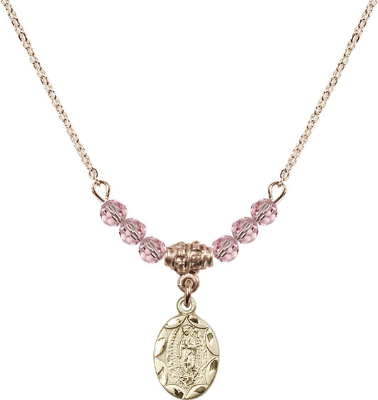 14kt Gold Filled Our Lady of Guadalupe Birthstone Necklace with Light Rose Beads - 0301