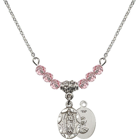 Sterling Silver Our Lady of Guadalupe Birthstone Necklace with Light Rose Beads - 0301