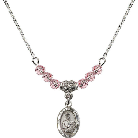 Sterling Silver Saint Jude Birthstone Necklace with Light Rose Beads - 0301