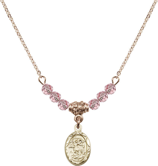 14kt Gold Filled Saint Michael the Archangel Birthstone Necklace with Light Rose Beads - 0301