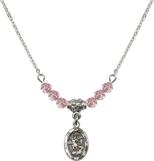 Sterling Silver Saint Michael the Archangel Birthstone Necklace with Light Rose Beads - 0301