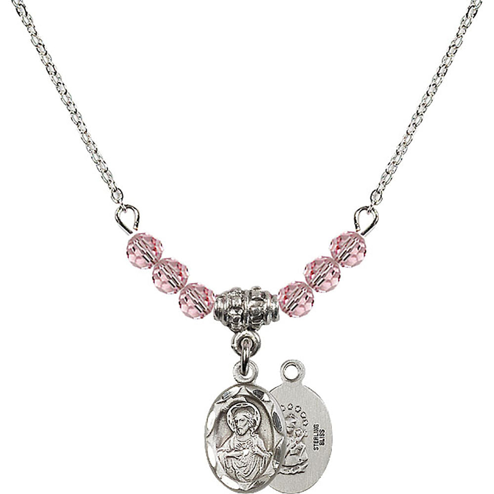 Sterling Silver Scapular Birthstone Necklace with Light Rose Beads - 0301