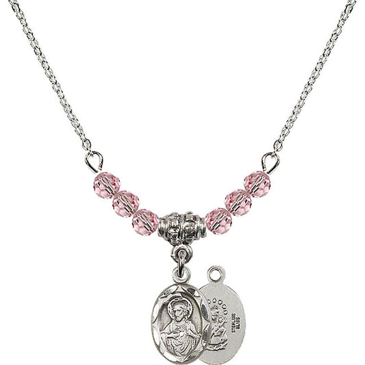 Sterling Silver Scapular Birthstone Necklace with Light Rose Beads - 0301