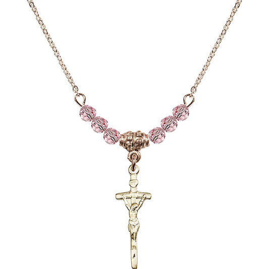 14kt Gold Filled Papal Crucifix Birthstone Necklace with Light Rose Beads - 0563