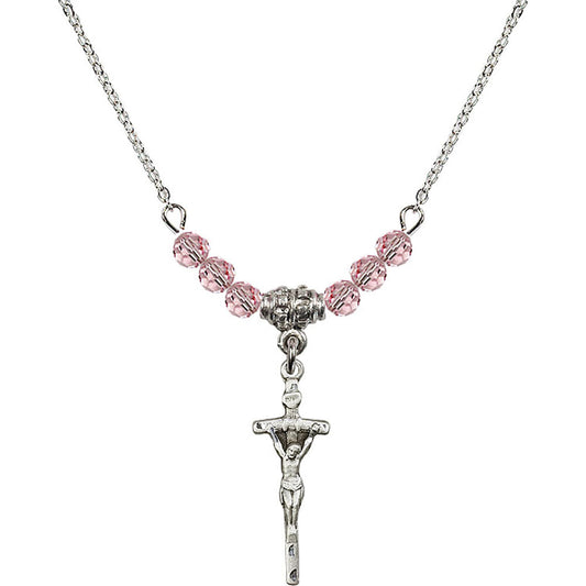 Sterling Silver Papal Crucifix Birthstone Necklace with Light Rose Beads - 0563