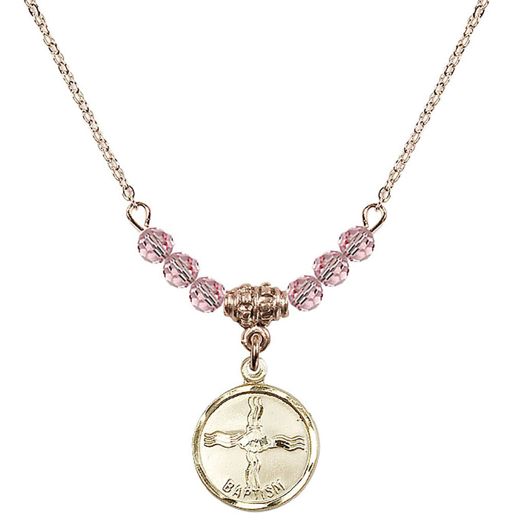 14kt Gold Filled Baptism Birthstone Necklace with Light Rose Beads - 0601