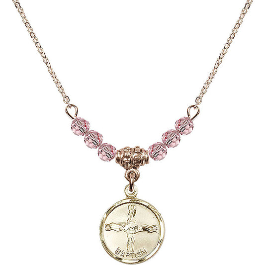 14kt Gold Filled Baptism Birthstone Necklace with Light Rose Beads - 0601