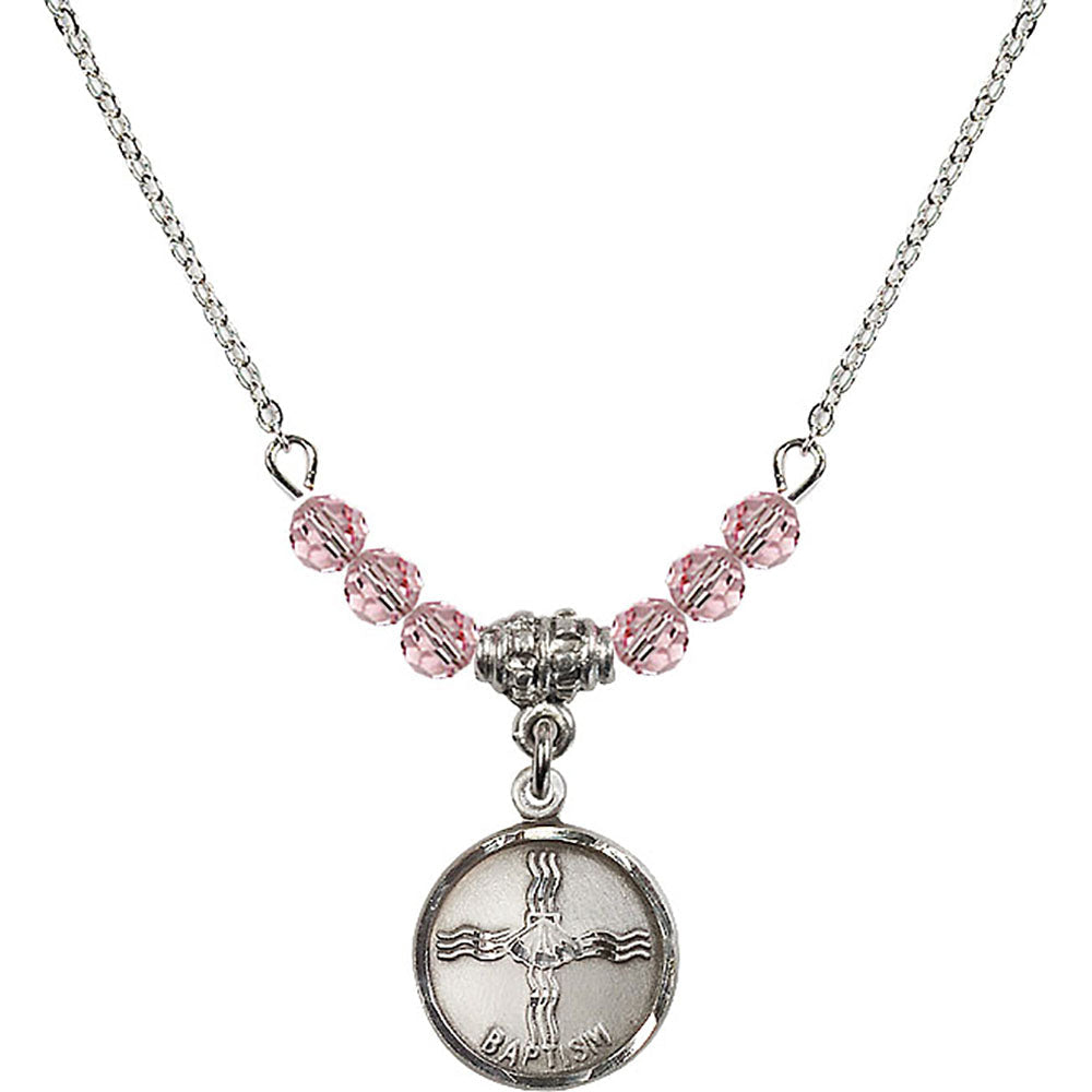 Sterling Silver Baptism Birthstone Necklace with Light Rose Beads - 0601