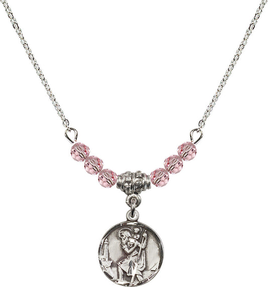 Sterling Silver Saint Christopher Birthstone Necklace with Light Rose Beads - 0601