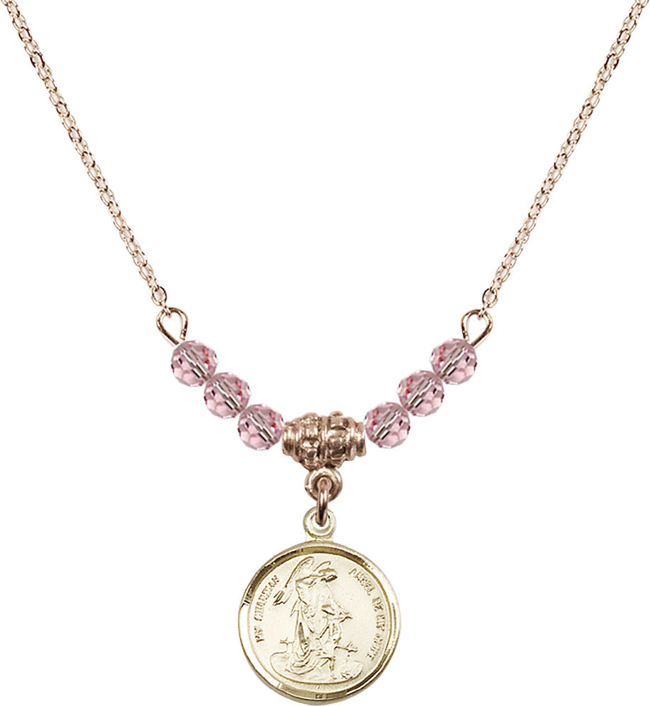 14kt Gold Filled Guardian Angel Birthstone Necklace with Light Rose Beads - 0601
