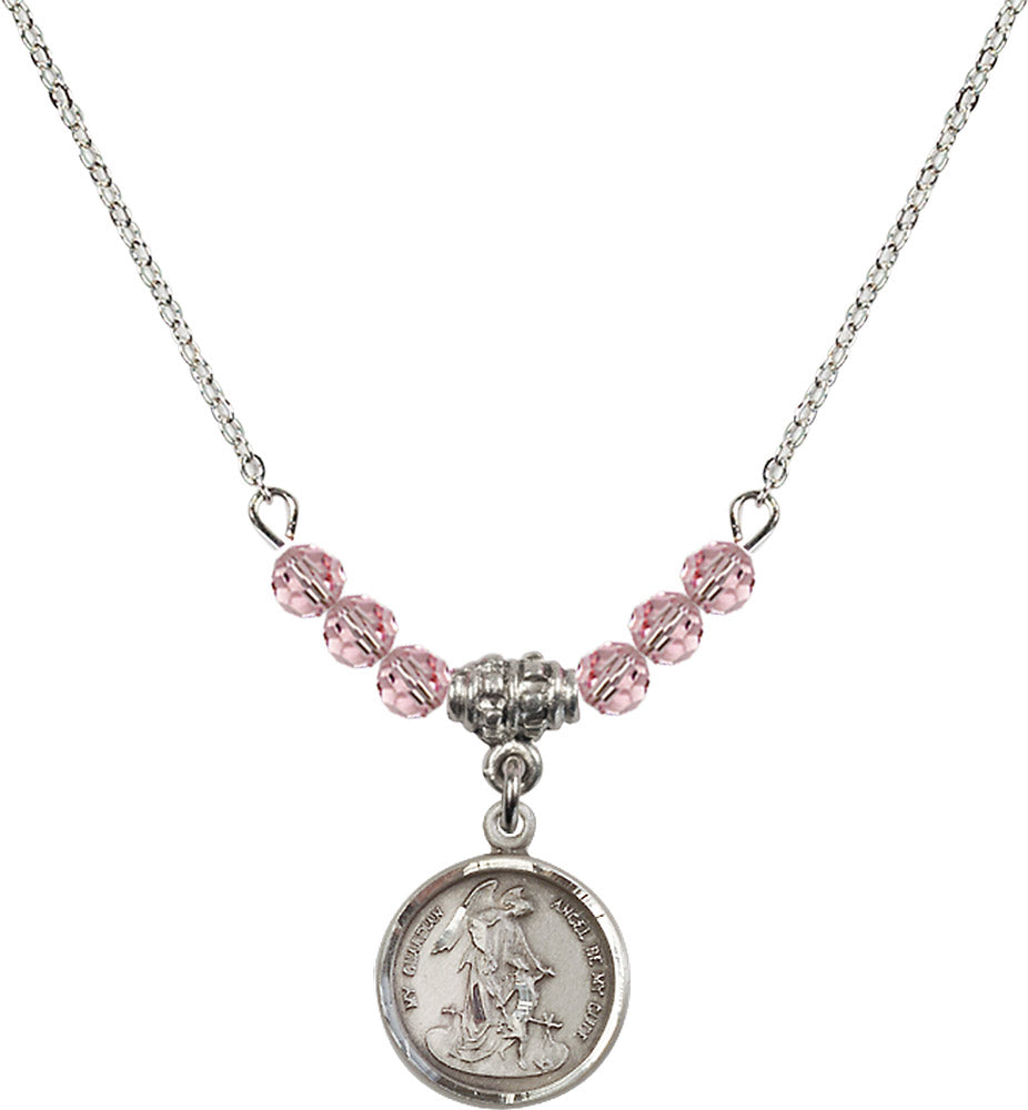 Sterling Silver Guardian Angel Birthstone Necklace with Light Rose Beads - 0601