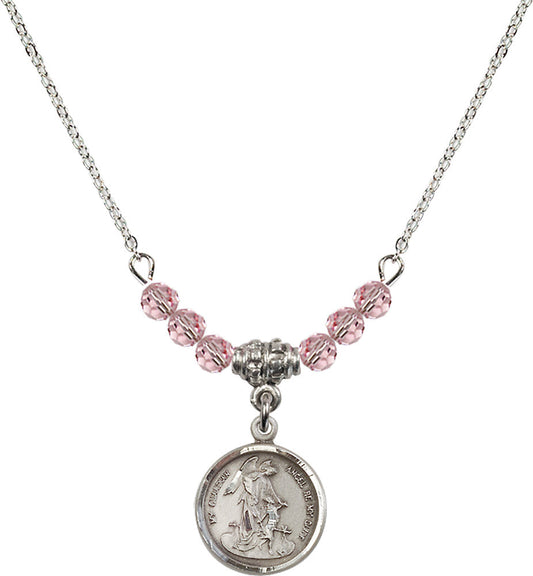Sterling Silver Guardian Angel Birthstone Necklace with Light Rose Beads - 0601