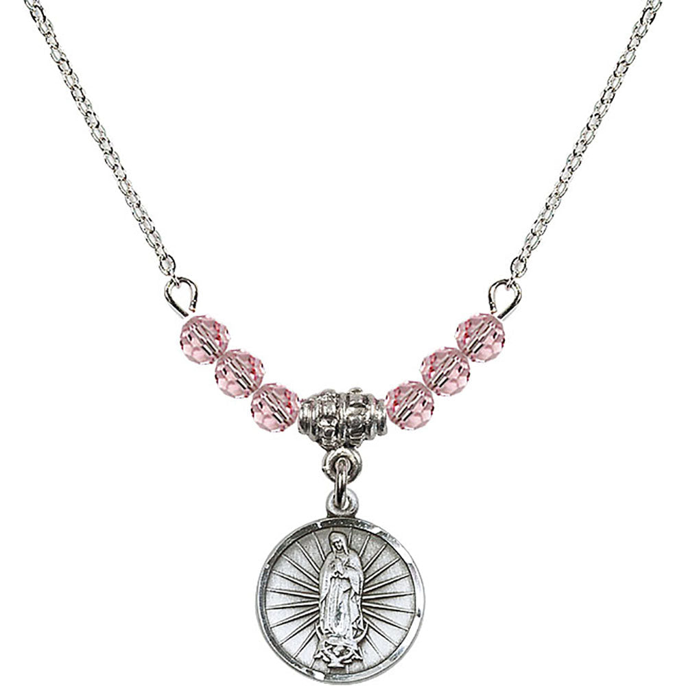 Sterling Silver Our Lady of Guadalupe Birthstone Necklace with Light Rose Beads - 0601