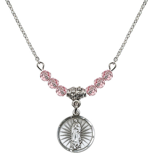 Sterling Silver Our Lady of Guadalupe Birthstone Necklace with Light Rose Beads - 0601