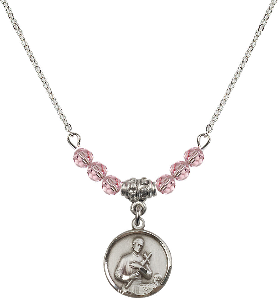 Sterling Silver Saint Gerard Birthstone Necklace with Light Rose Beads - 0601