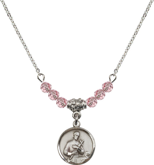 Sterling Silver Saint Gerard Birthstone Necklace with Light Rose Beads - 0601