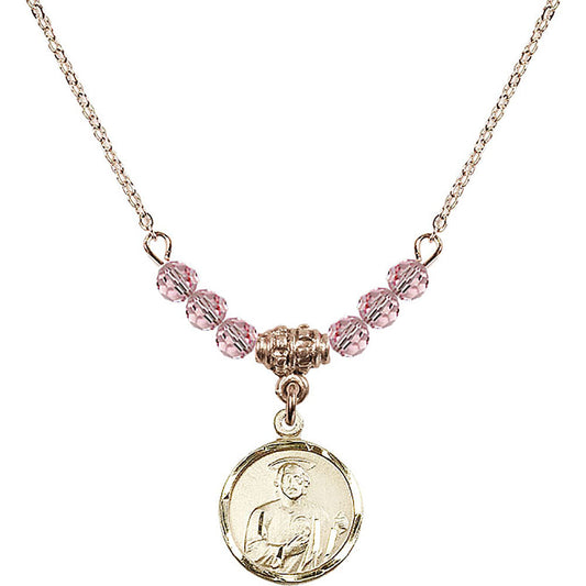14kt Gold Filled Saint Jude Birthstone Necklace with Light Rose Beads - 0601