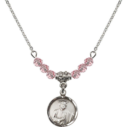 Sterling Silver Saint Jude Birthstone Necklace with Light Rose Beads - 0601