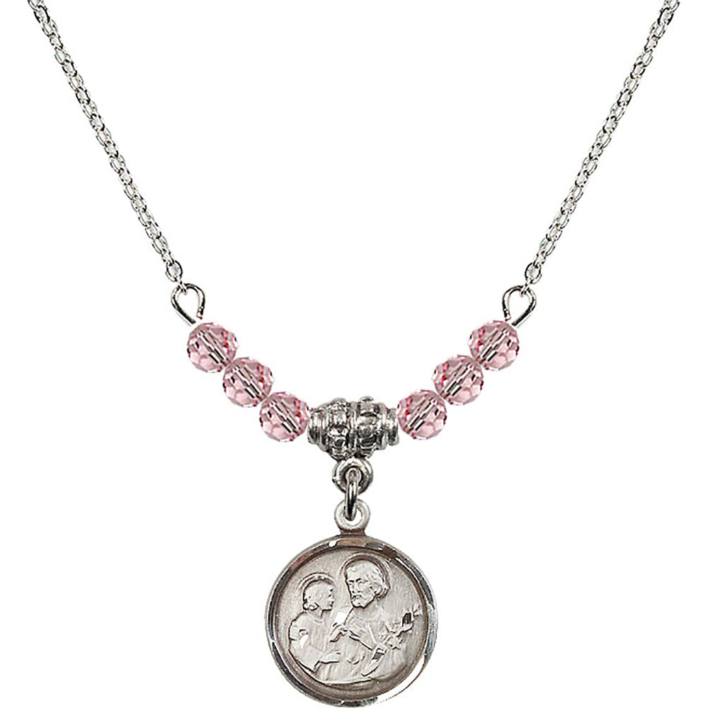 Sterling Silver Saint Joseph Birthstone Necklace with Light Rose Beads - 0601