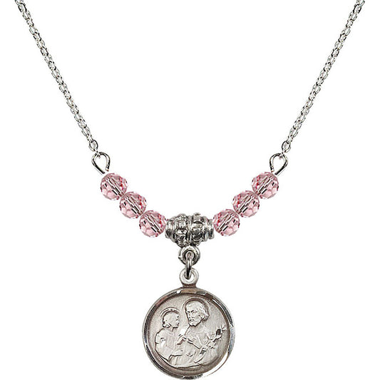 Sterling Silver Saint Joseph Birthstone Necklace with Light Rose Beads - 0601