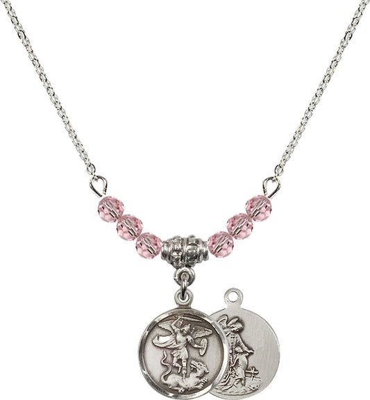 Sterling Silver Saint Michael the Archangel Birthstone Necklace with Light Rose Beads - 0601