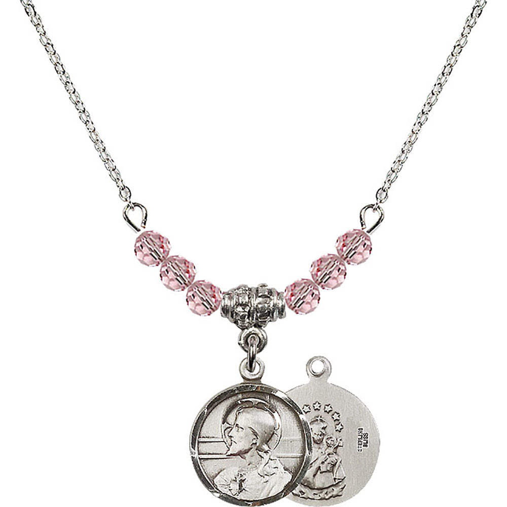 Sterling Silver Scapular Birthstone Necklace with Light Rose Beads - 0601