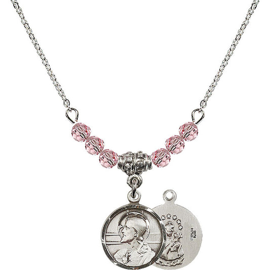 Sterling Silver Scapular Birthstone Necklace with Light Rose Beads - 0601