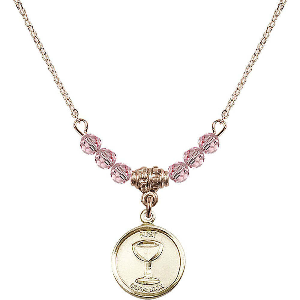 14kt Gold Filled Communion Birthstone Necklace with Light Rose Beads - 0601