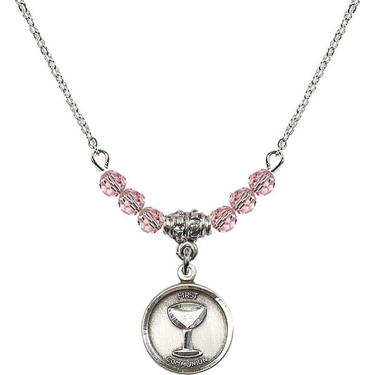 Sterling Silver Communion Birthstone Necklace with Light Rose Beads - 0601