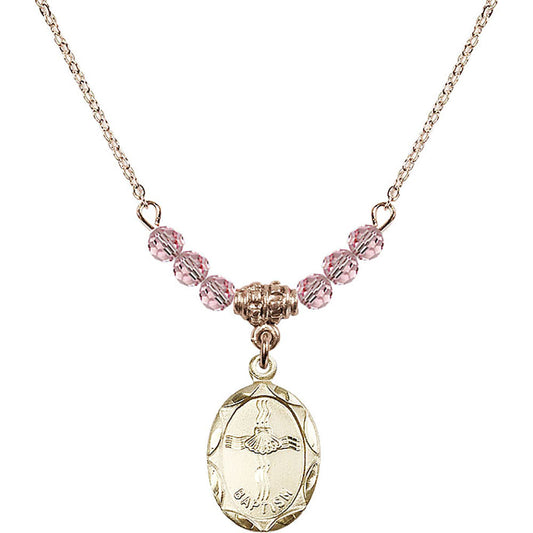 14kt Gold Filled Baptism Birthstone Necklace with Light Rose Beads - 0612