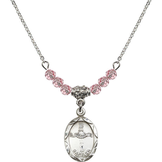 Sterling Silver Baptism Birthstone Necklace with Light Rose Beads - 0612