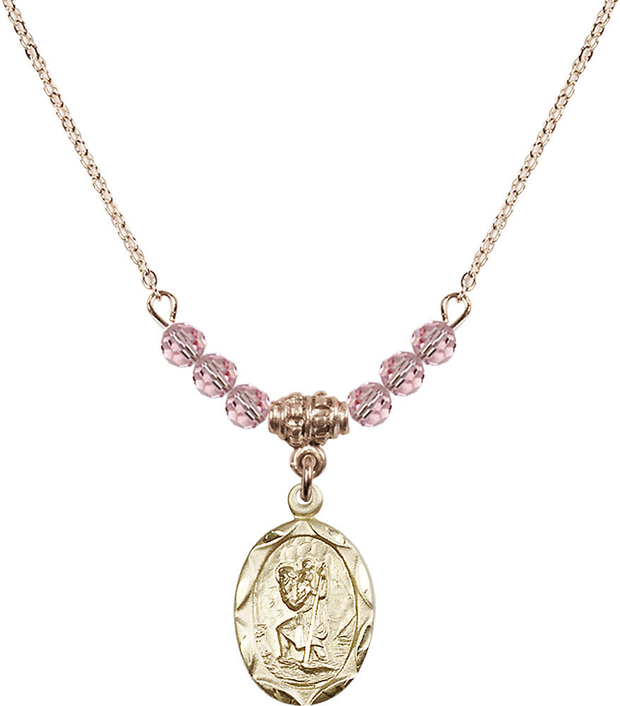 14kt Gold Filled Saint Christopher Birthstone Necklace with Light Rose Beads - 0612