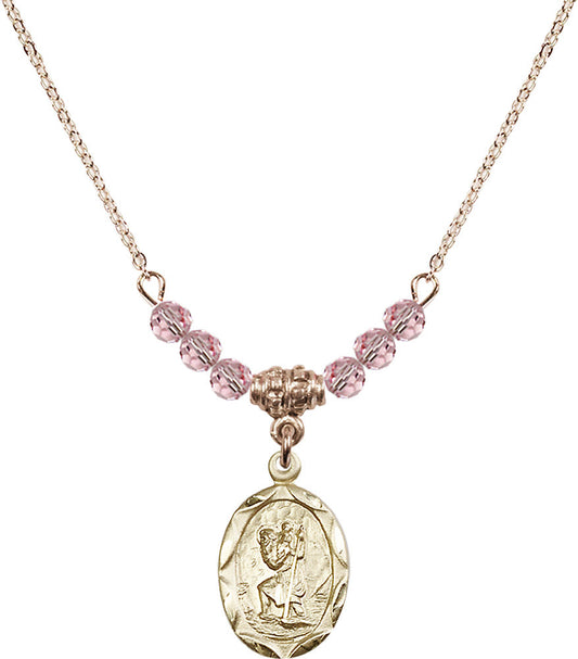 14kt Gold Filled Saint Christopher Birthstone Necklace with Light Rose Beads - 0612