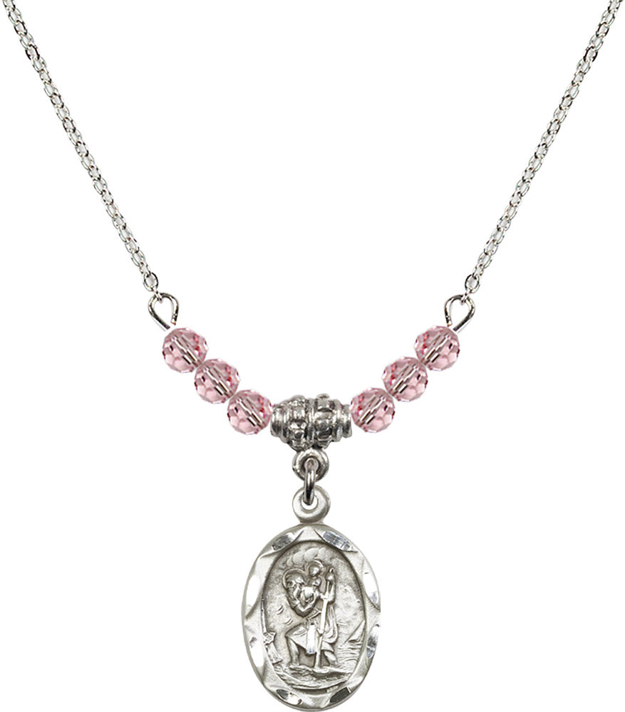 Sterling Silver Saint Christopher Birthstone Necklace with Light Rose Beads - 0612