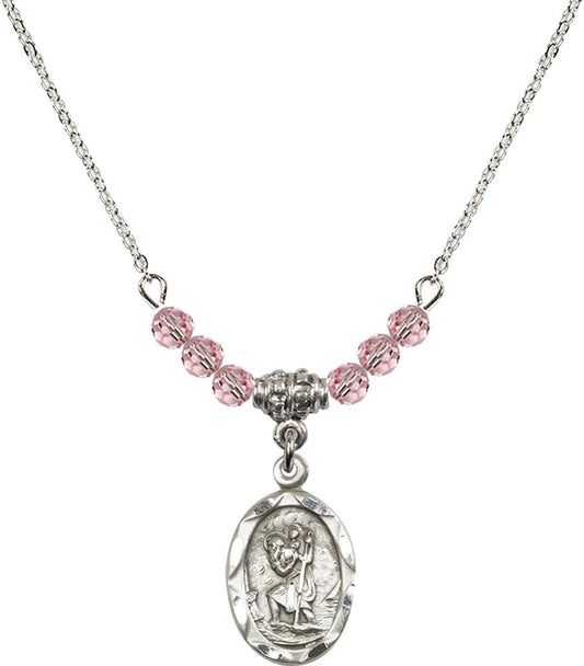 Sterling Silver Saint Christopher Birthstone Necklace with Light Rose Beads - 0612