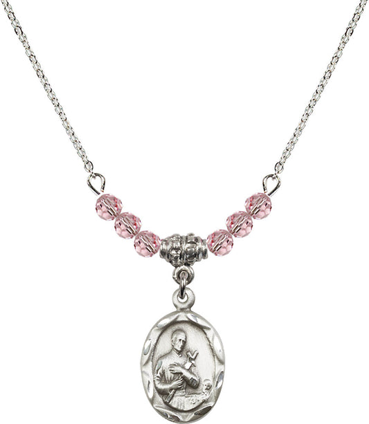 Sterling Silver Saint Gerard Birthstone Necklace with Light Rose Beads - 0612
