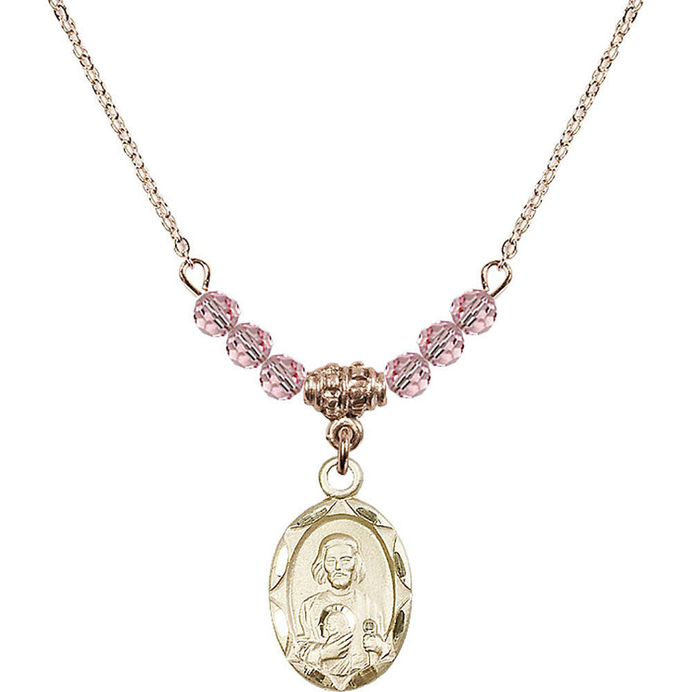14kt Gold Filled Saint Jude Birthstone Necklace with Light Rose Beads - 0612